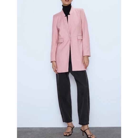 Zara Inverted Lapel Coat Pink Women's Size S Long Sleeve Side Pockets - Picture 1 of 10
